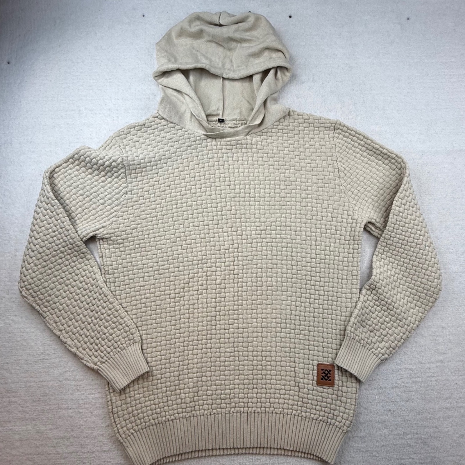 Mens Textured Knit Sweater Tan Size L Cotton Basket Weave Old Money Preppy